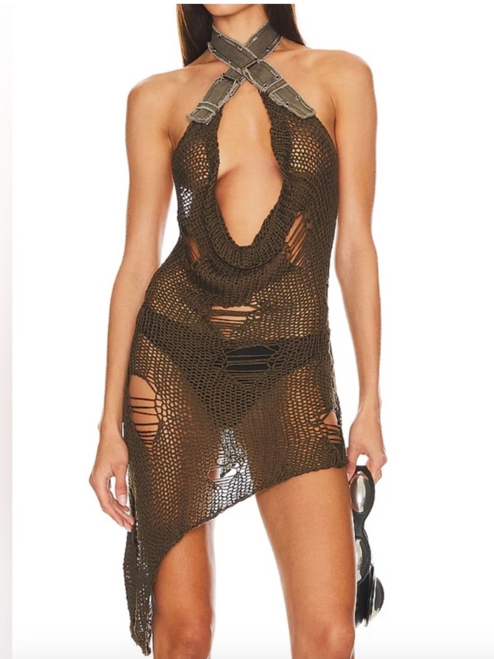 Jaded London Olive Green Distressed Crochet Halter Mini Dress